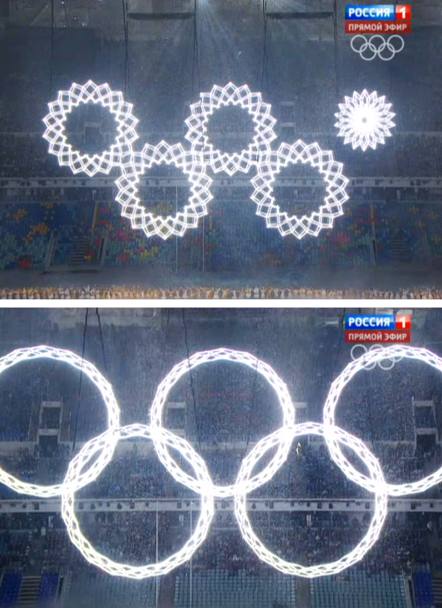L’inconveniente tecnico. I cinque cerchi olimpici completamente accesi e sopra quello che non si è acceso durante la cerimonia d’ apertura (Ap)